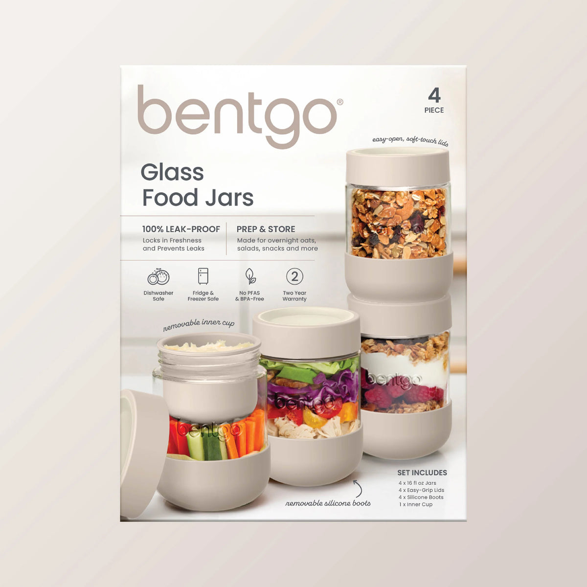 Bentgo Leak-Proof Glass Food Jars, Boots, & Inner Cup (16 fl oz Jars)